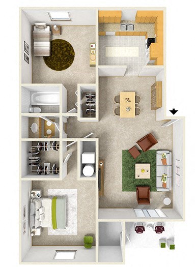 Floor plan for 2 beds, 1 bath, 1036 sqft